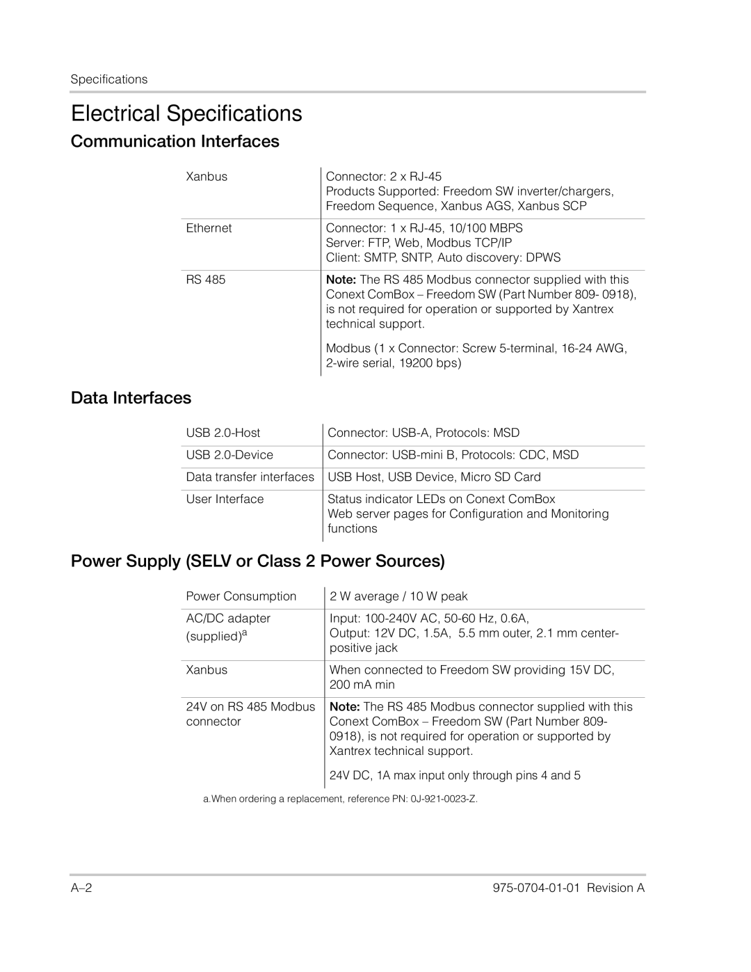 Xantrex Technology Freedom SW Series manual Electrical Specifications, Communication Interfaces, Data Interfaces 