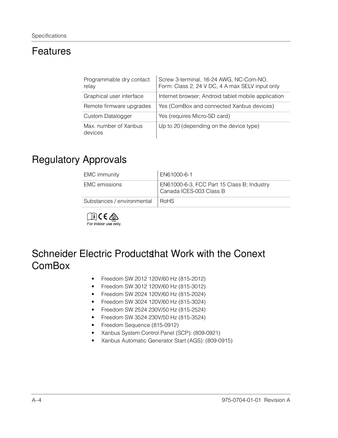 Xantrex Technology Freedom SW Series manual Features, Regulatory Approvals 