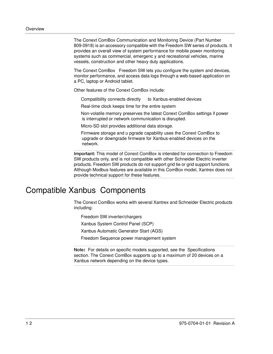 Xantrex Technology Freedom SW Series manual Compatible Xanbus Components 