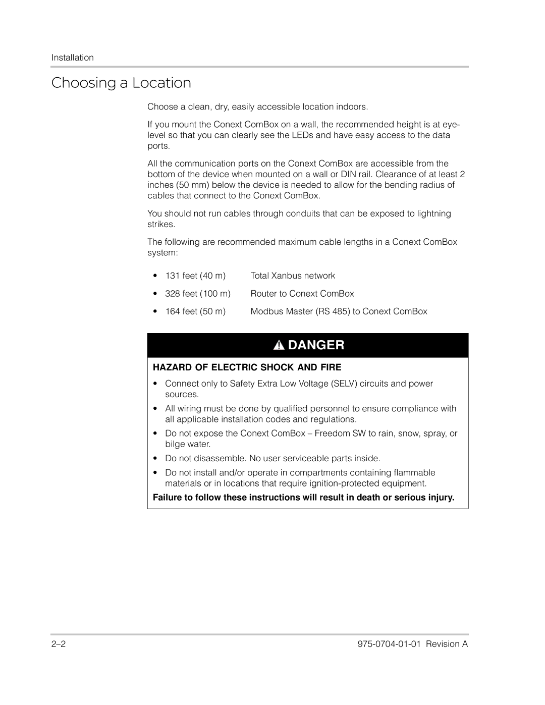 Xantrex Technology Freedom SW Series manual Choosing a Location 