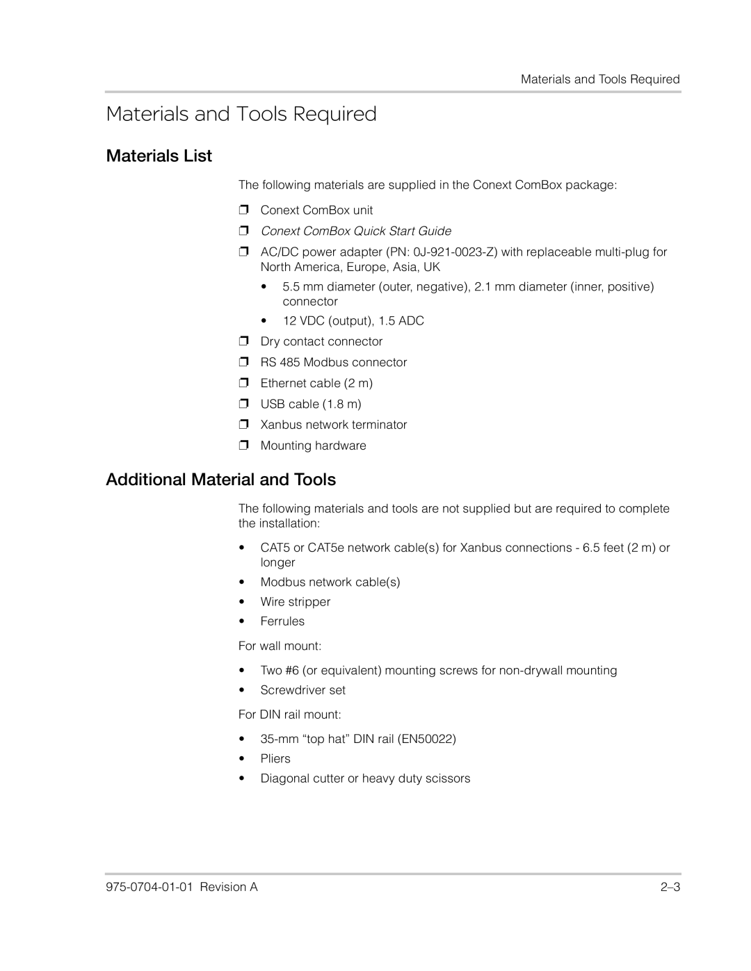 Xantrex Technology Freedom SW Series manual Materials and Tools Required, Materials List, Additional Material and Tools 