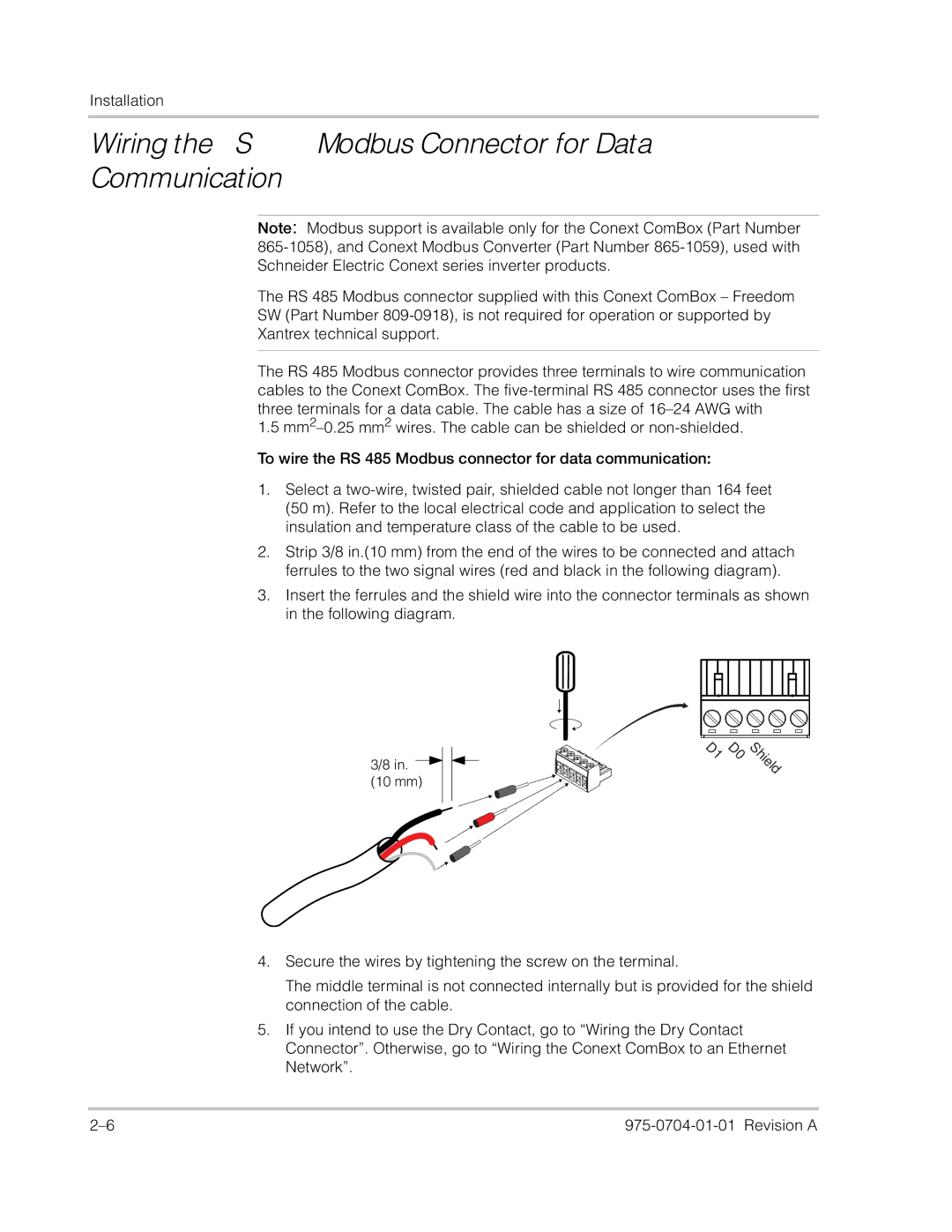 Xantrex Technology Freedom SW Series manual Wiring the RS 485 Modbus Connector for Data Communication 