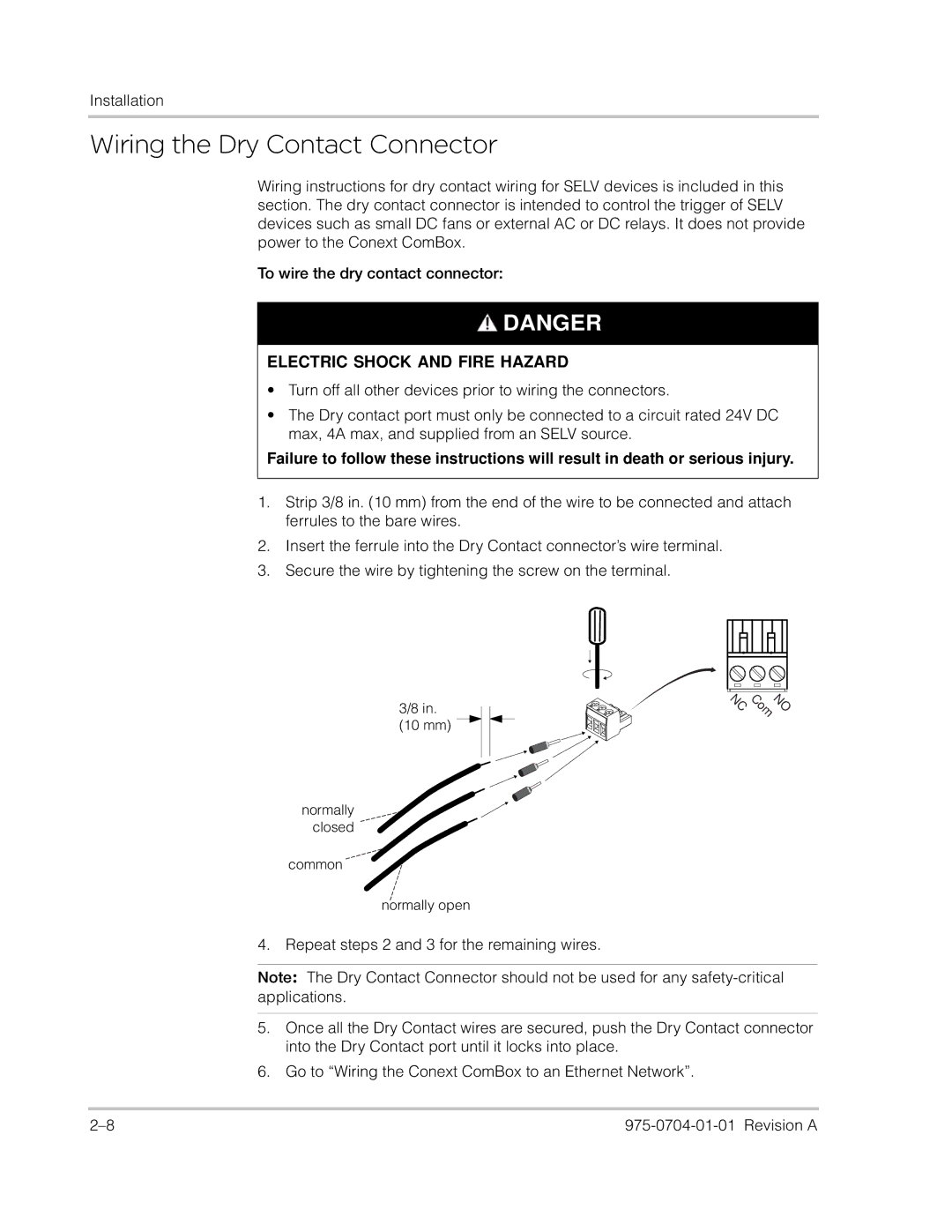 Xantrex Technology Freedom SW Series manual Wiring the Dry Contact Connector, Electric Shock and Fire Hazard 