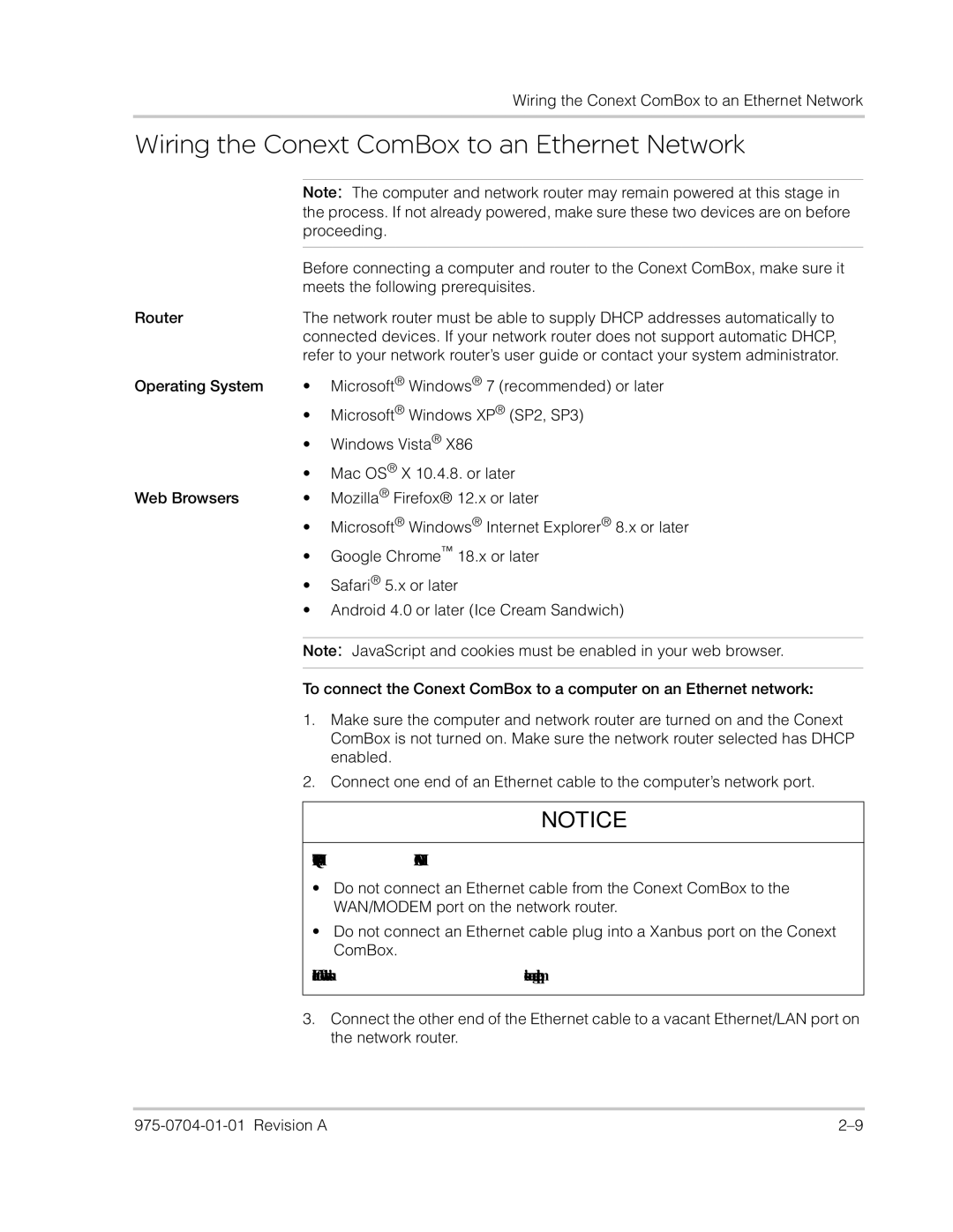 Xantrex Technology Freedom SW Series manual Wiring the Conext ComBox to an Ethernet Network 