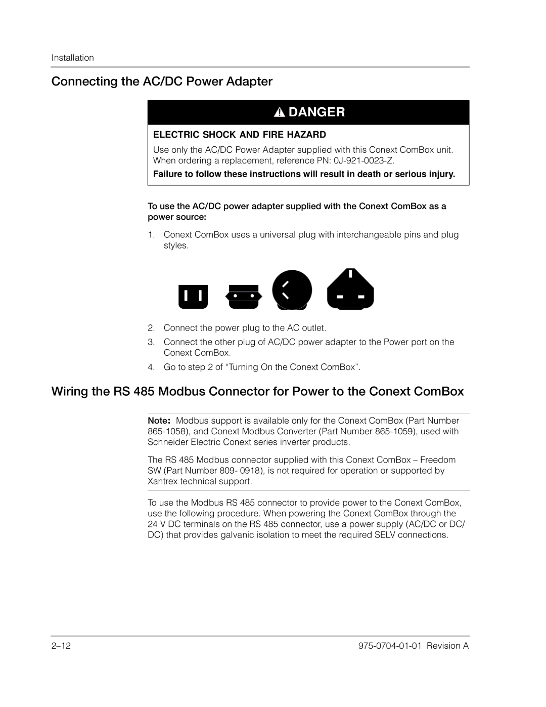 Xantrex Technology Freedom SW Series manual Connecting the AC/DC Power Adapter 