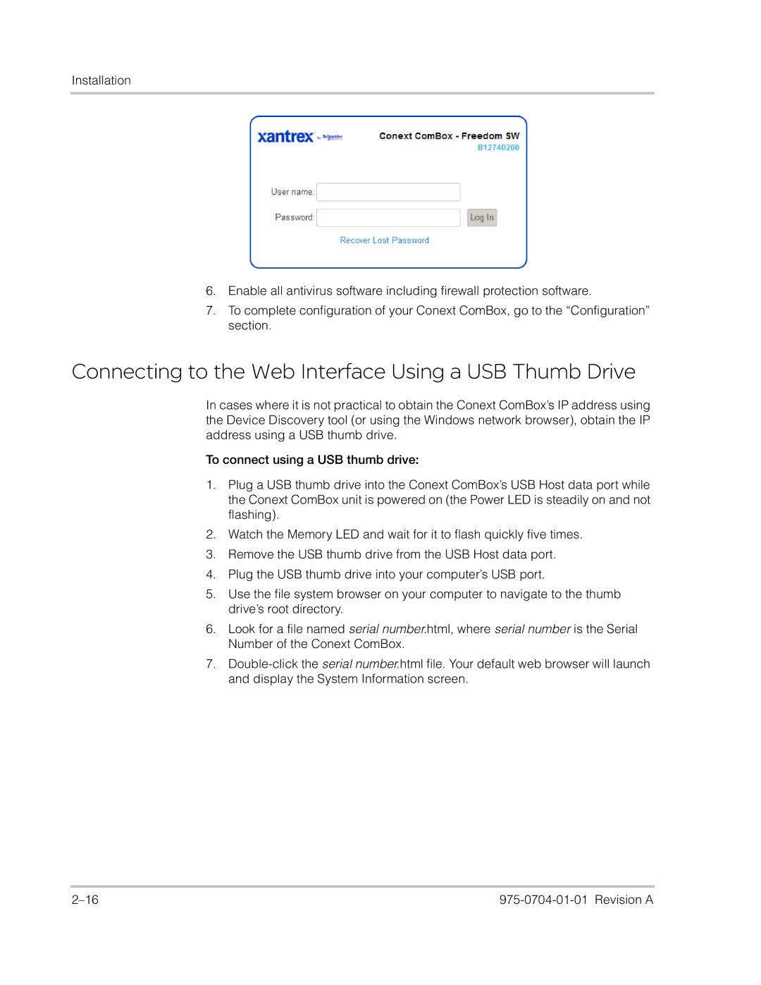 Xantrex Technology Freedom SW Series manual Connecting to the Web Interface Using a USB Thumb Drive 