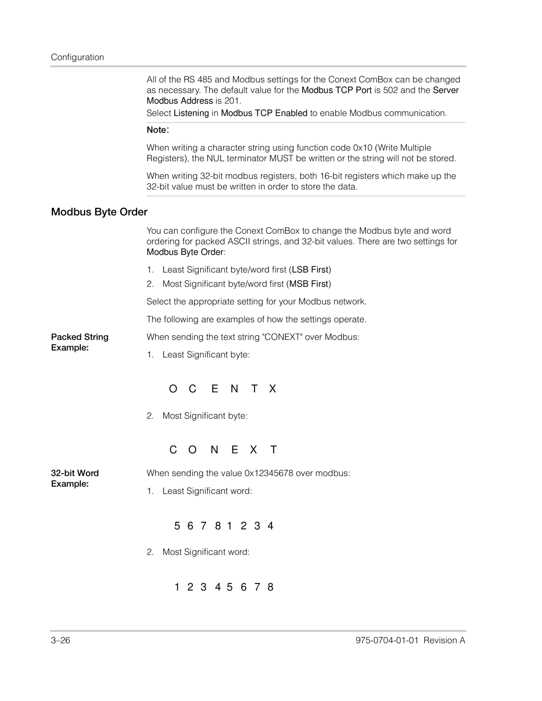 Xantrex Technology Freedom SW Series manual Modbus Byte Order 