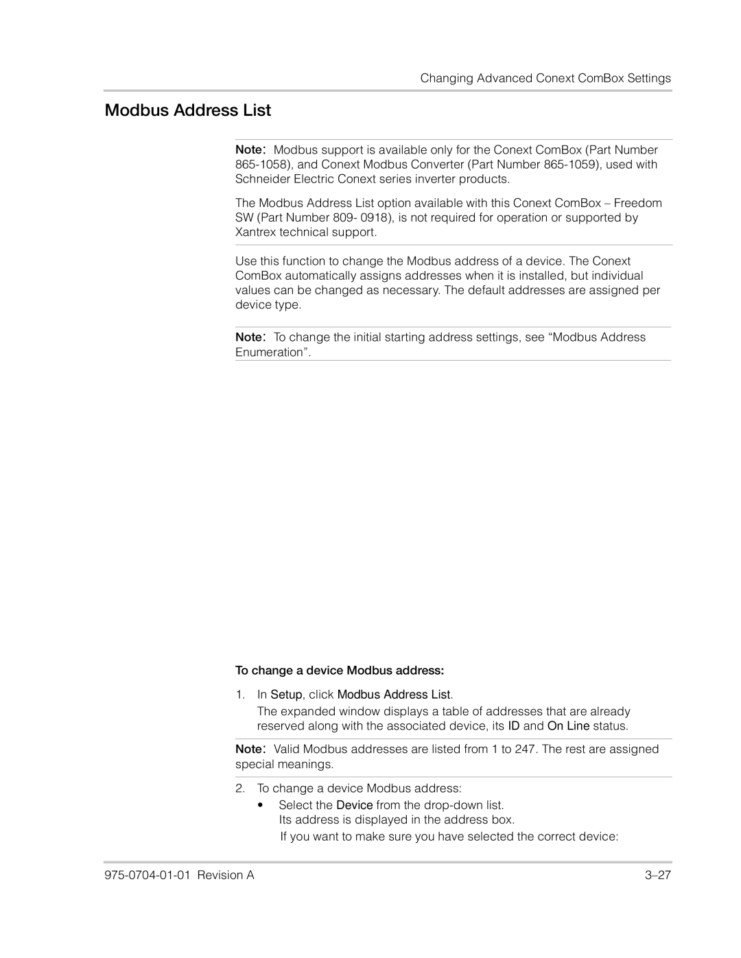 Xantrex Technology Freedom SW Series manual Modbus Address List 