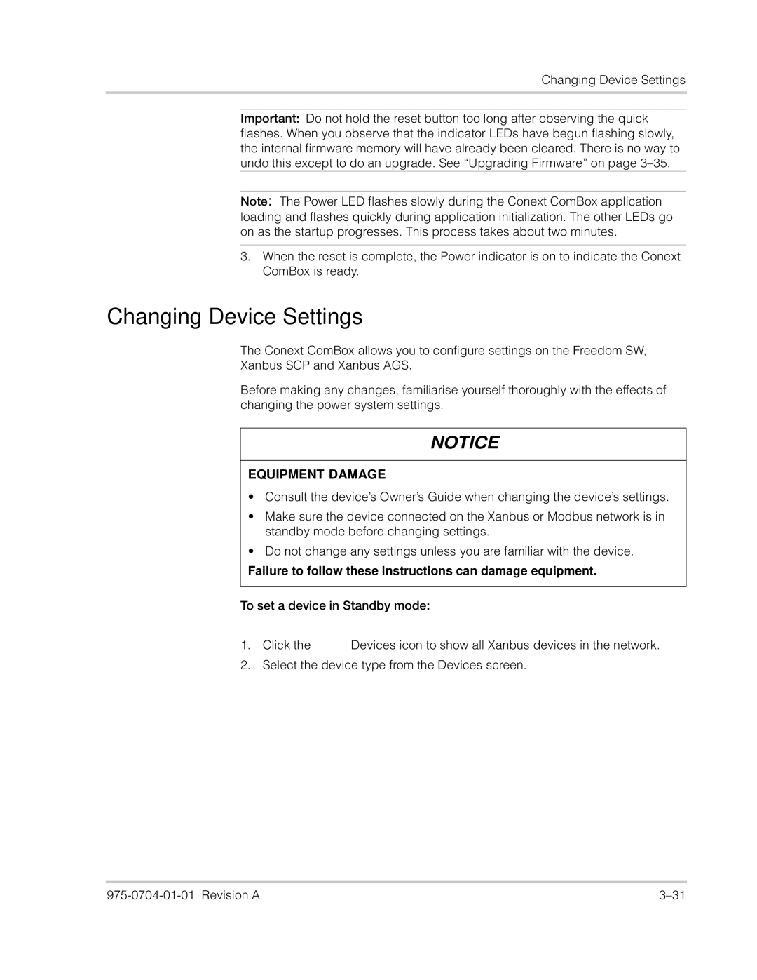 Xantrex Technology Freedom SW Series manual Changing Device Settings 