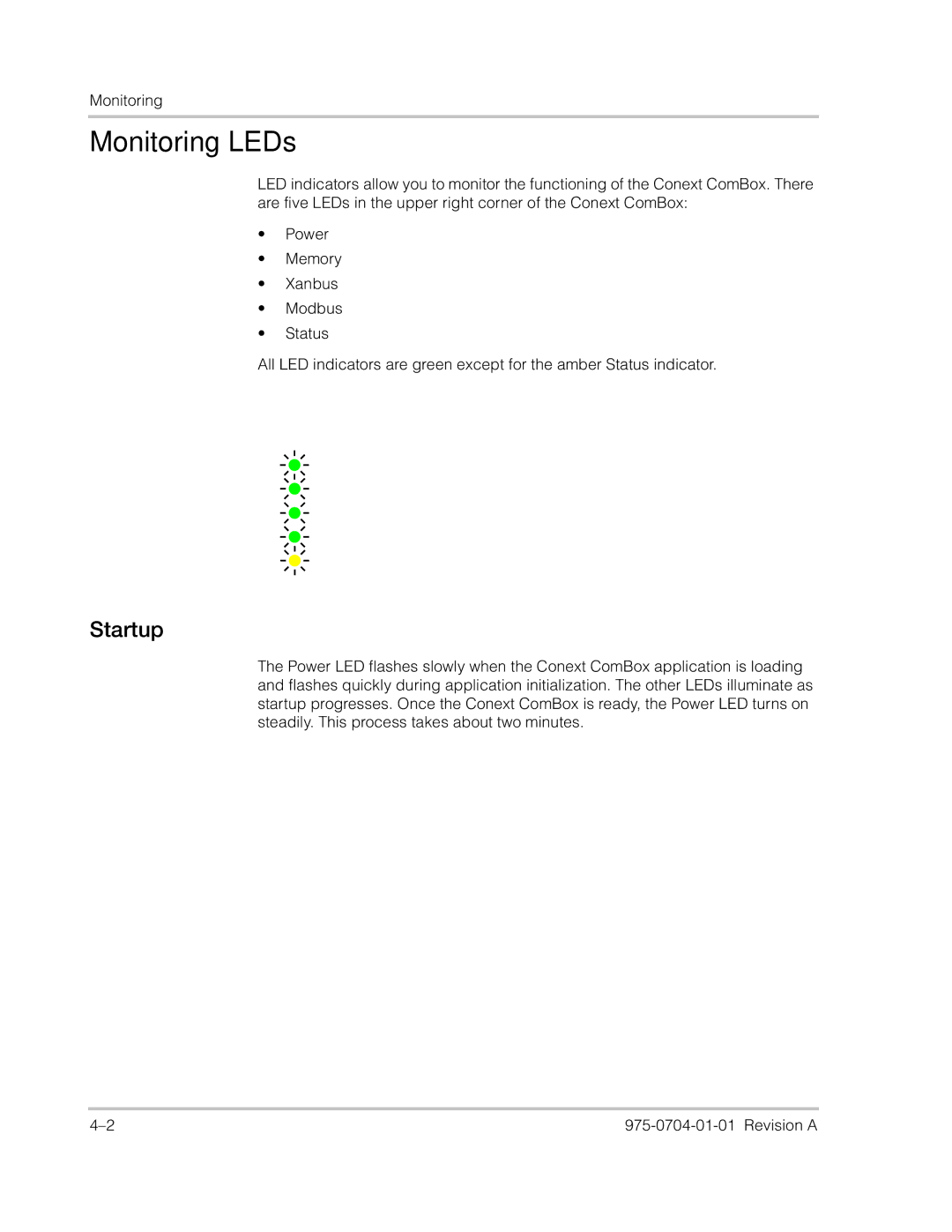 Xantrex Technology Freedom SW Series manual Monitoring LEDs, Startup 