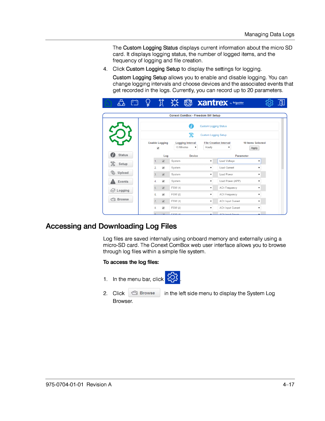 Xantrex Technology Freedom SW Series manual Accessing and Downloading Log Files 