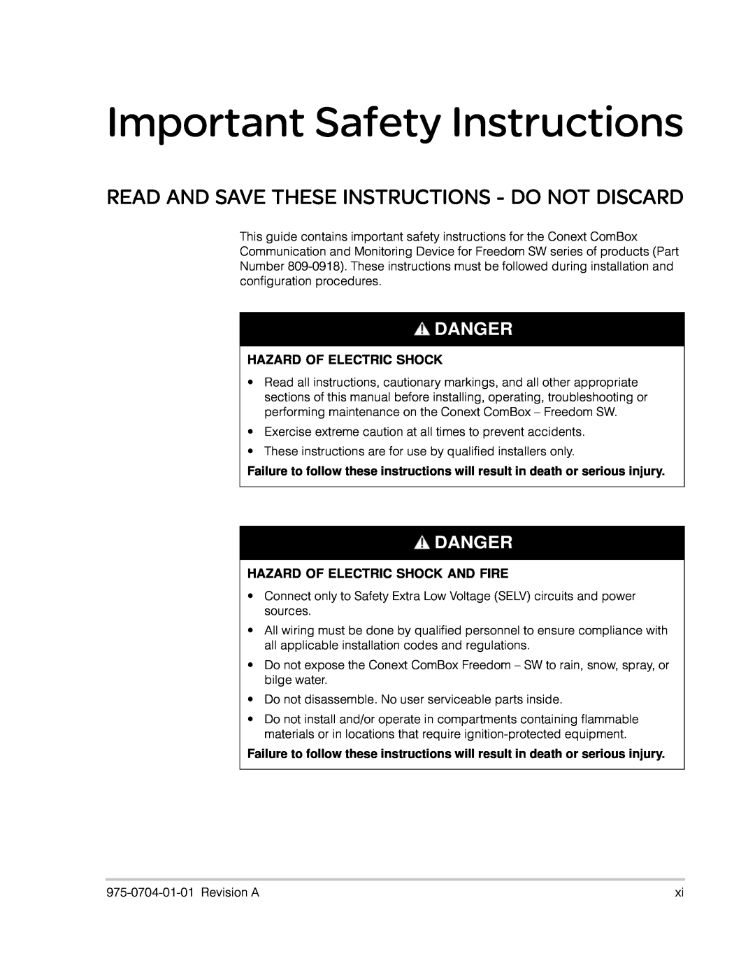 Xantrex Technology Freedom SW Series Important Safety Instructions, Read And Save These Instructions - Do Not Discard 