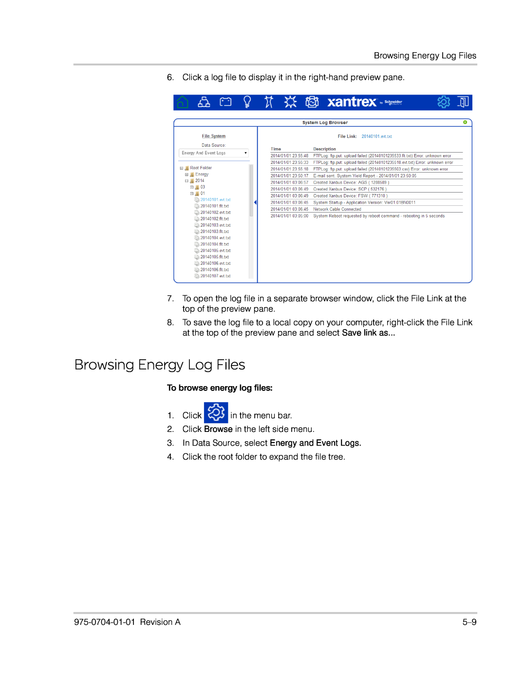 Xantrex Technology Freedom SW Series manual Browsing Energy Log Files 