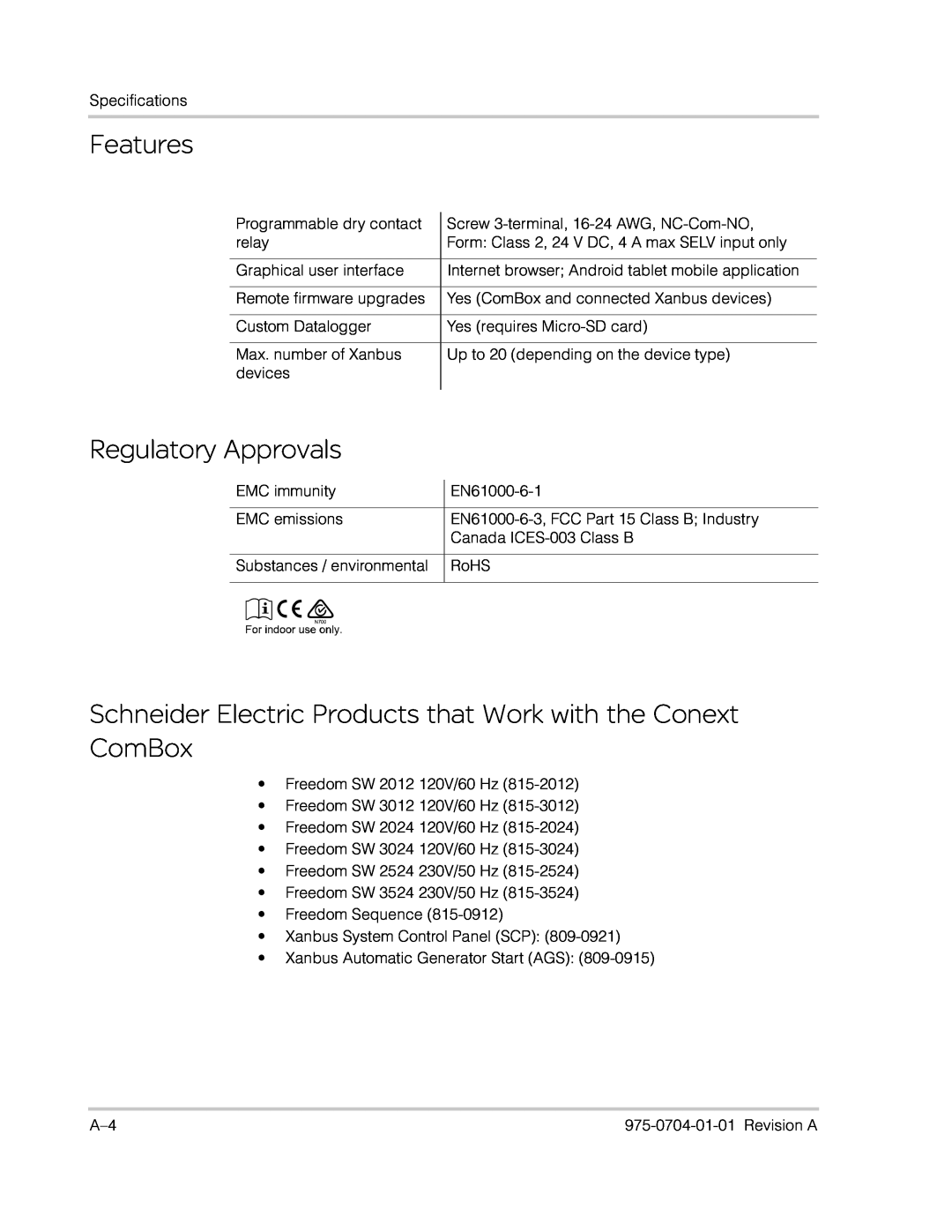 Xantrex Technology Freedom SW Series manual Features, Regulatory Approvals 