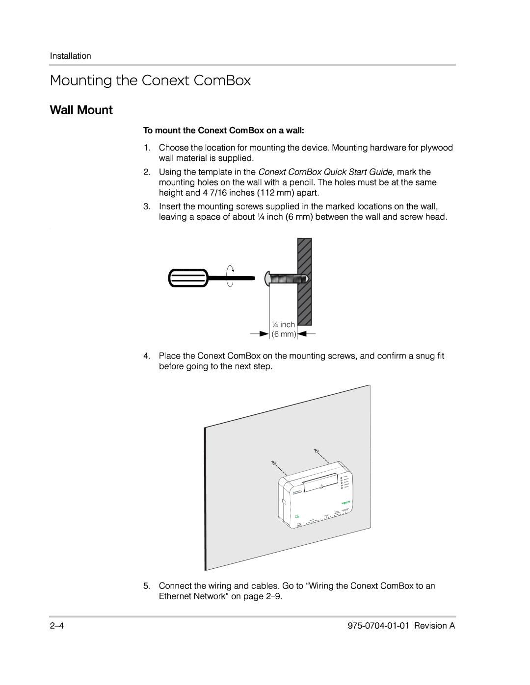 Xantrex Technology Freedom SW Series manual Mounting the Conext ComBox, Wall Mount 
