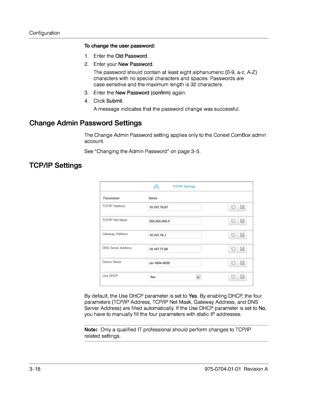 Xantrex Technology Freedom SW Series manual Change Admin Password Settings, TCP/IP Settings 