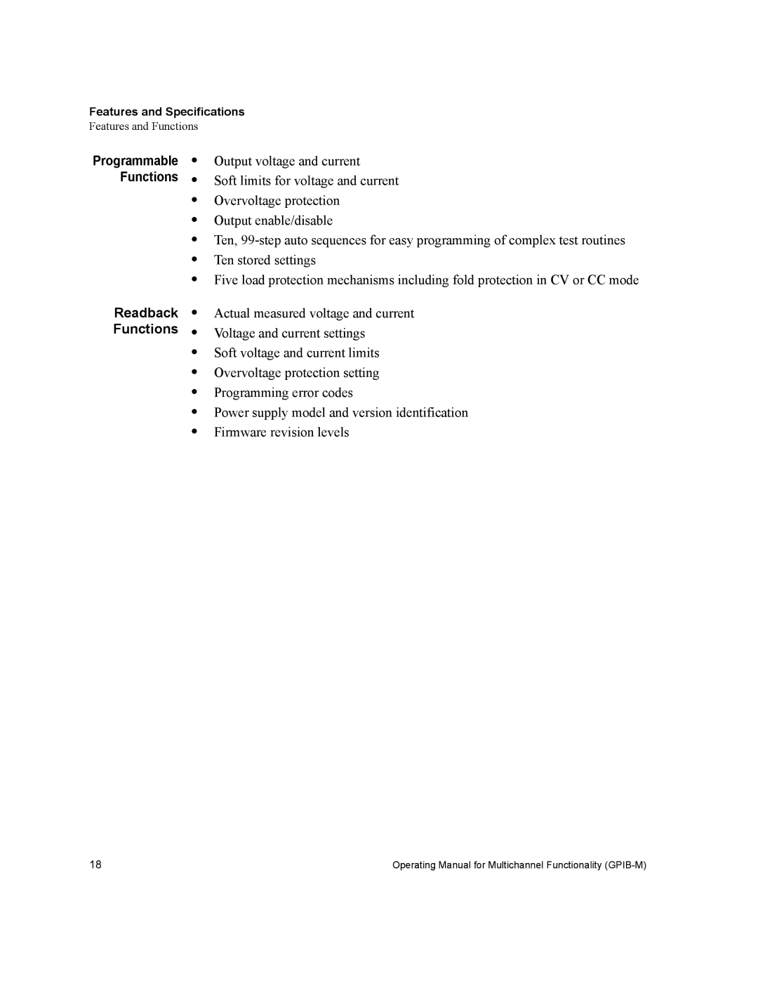 Xantrex Technology GPIB-M-XT, GPIB-M-XHR, GPIB-M-XFR, GPIB-M-XPD, GPIB-M-HPD Functions, Readback, Features and Specifications 