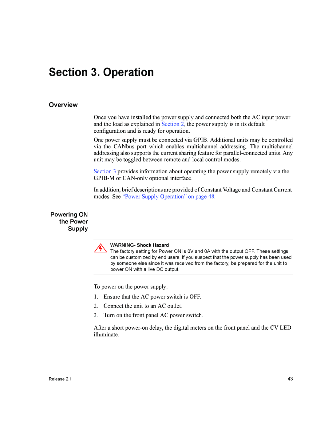 Xantrex Technology GPIB-M-XPD, GPIB-M-XHR, GPIB-M-XT, GPIB-M-XFR3, GPIB-M-HPD manual Overview, Powering on Supply 