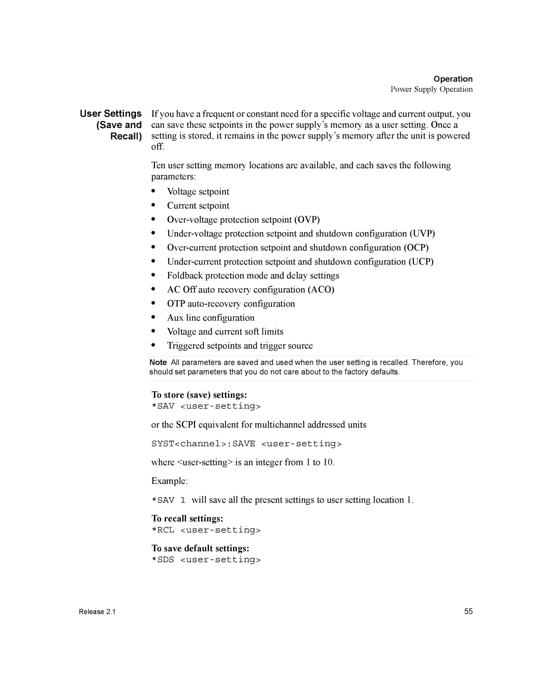 Xantrex Technology GPIB-M-XPD, GPIB-M-XHR, GPIB-M-XFR To store save settings, To recall settings, To save default settings 