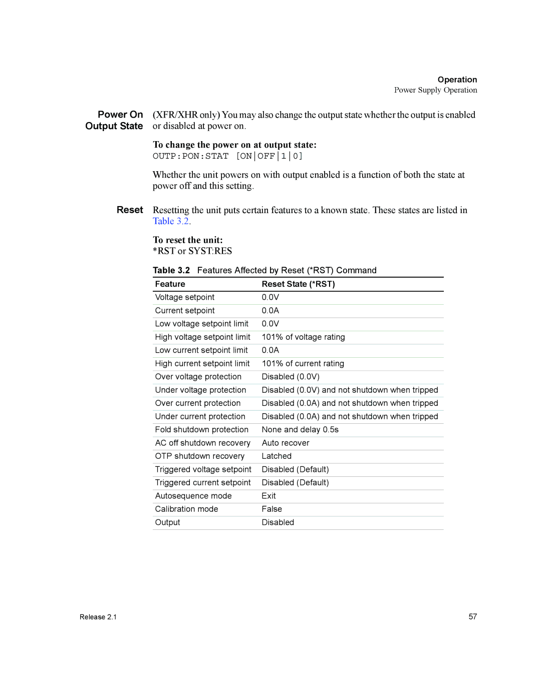 Xantrex Technology GPIB-M-HPD manual To change the power on at output state, To reset the unit, Feature Reset State *RST 