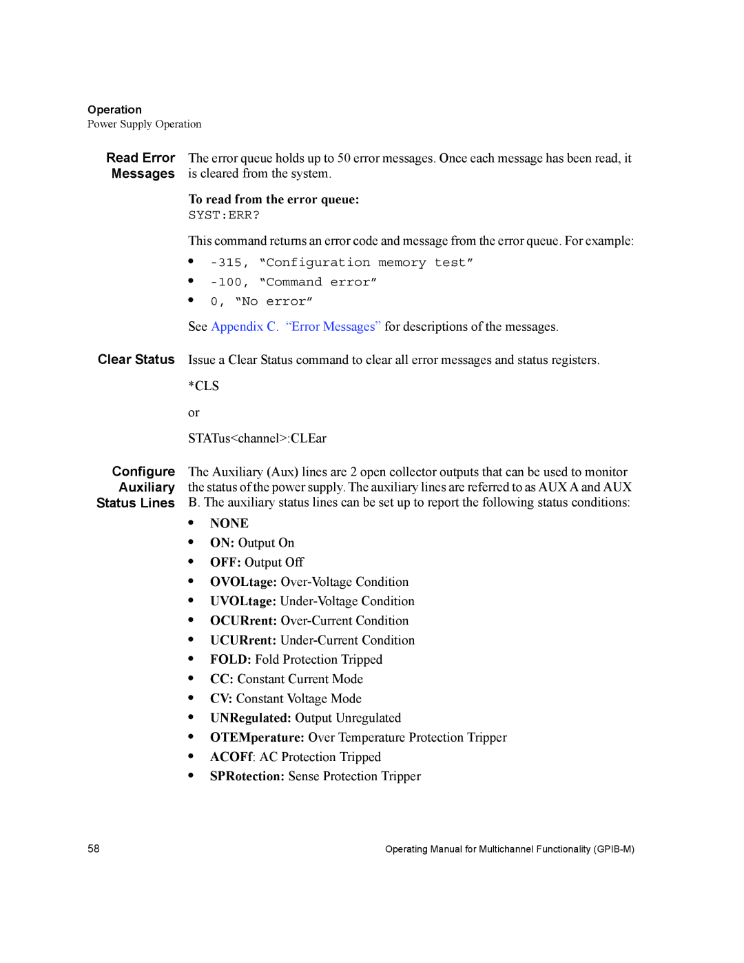 Xantrex Technology GPIB-M-XHR, GPIB-M-XFR, GPIB-M-XT, GPIB-M-XPD manual To read from the error queue, Configure, Auxiliary 