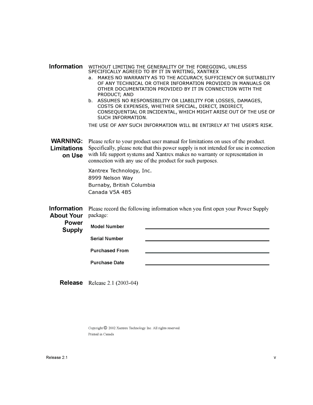 Xantrex Technology GPIB-M-XFR Information About Your Power Supply, Model Number Serial Number Purchased From Purchase Date 