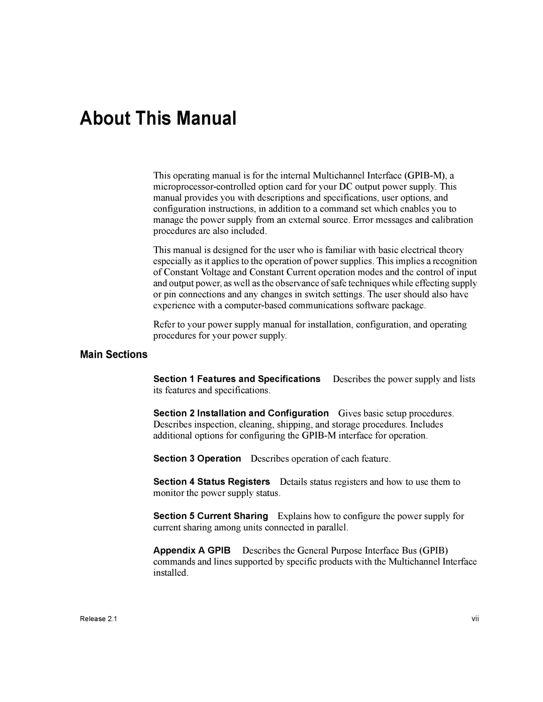 Xantrex Technology GPIB-M-XPD manual Main Sections, Describes the power supply and lists, Its features and specifications 