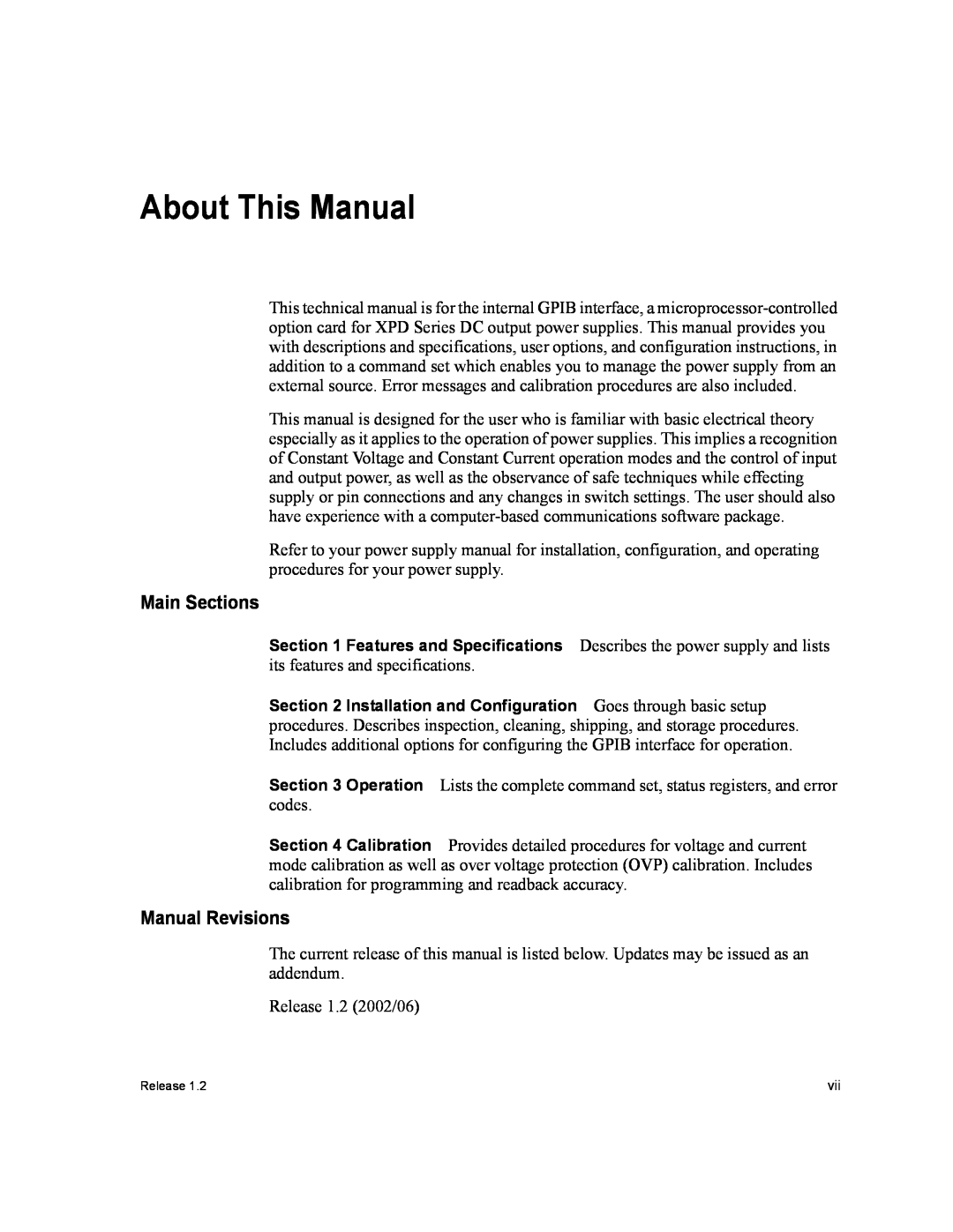 Xantrex Technology GPIB-XPD manual Main Sections, Manual Revisions, About This Manual, Describes the power supply and lists 