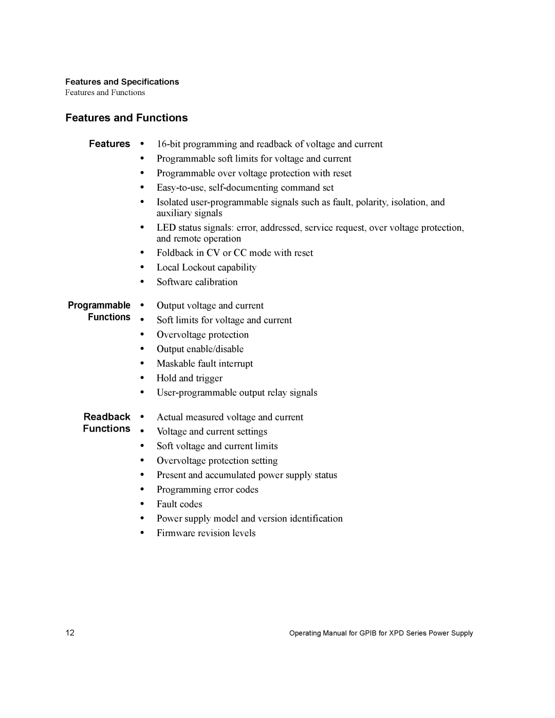 Xantrex Technology GPIB-XPD manual Features and Functions, Readback, Features and Specifications 