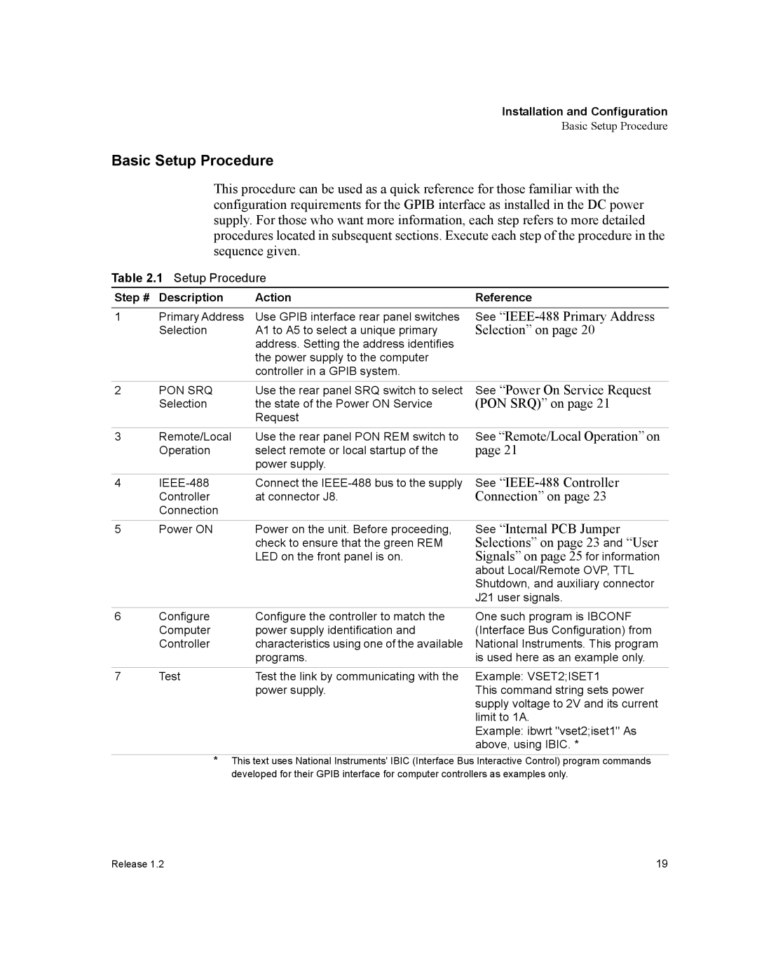 Xantrex Technology GPIB-XPD manual Basic Setup Procedure, Step # Description Action Reference, Pon Srq 