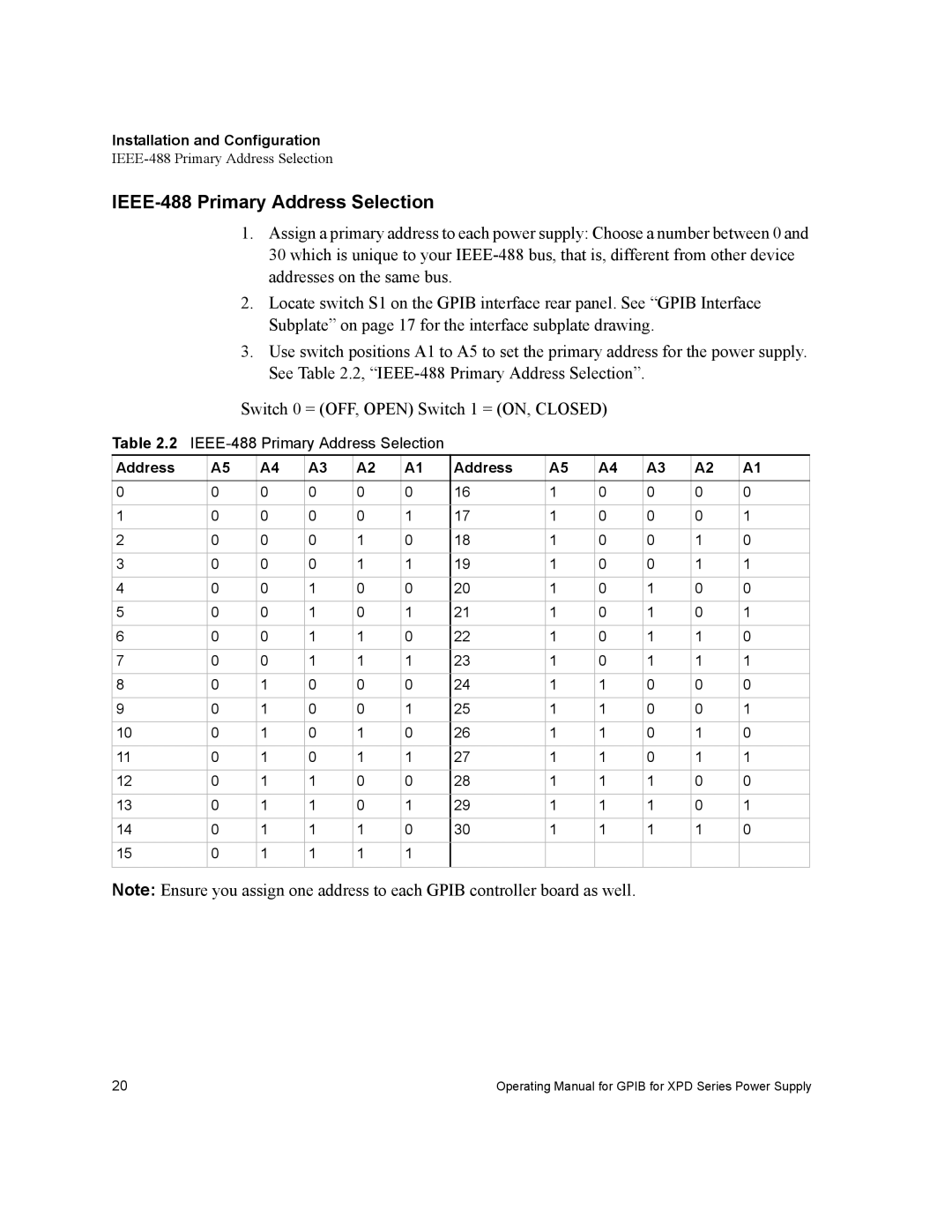 Xantrex Technology GPIB-XPD manual IEEE-488 Primary Address Selection 