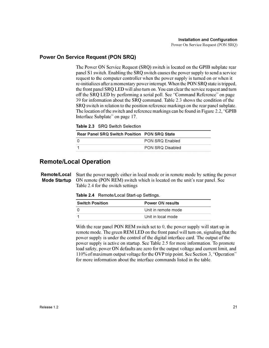 Xantrex Technology GPIB-XPD manual Power On Service Request PON SRQ, Rear Panel SRQ Switch Position PON SRQ State 