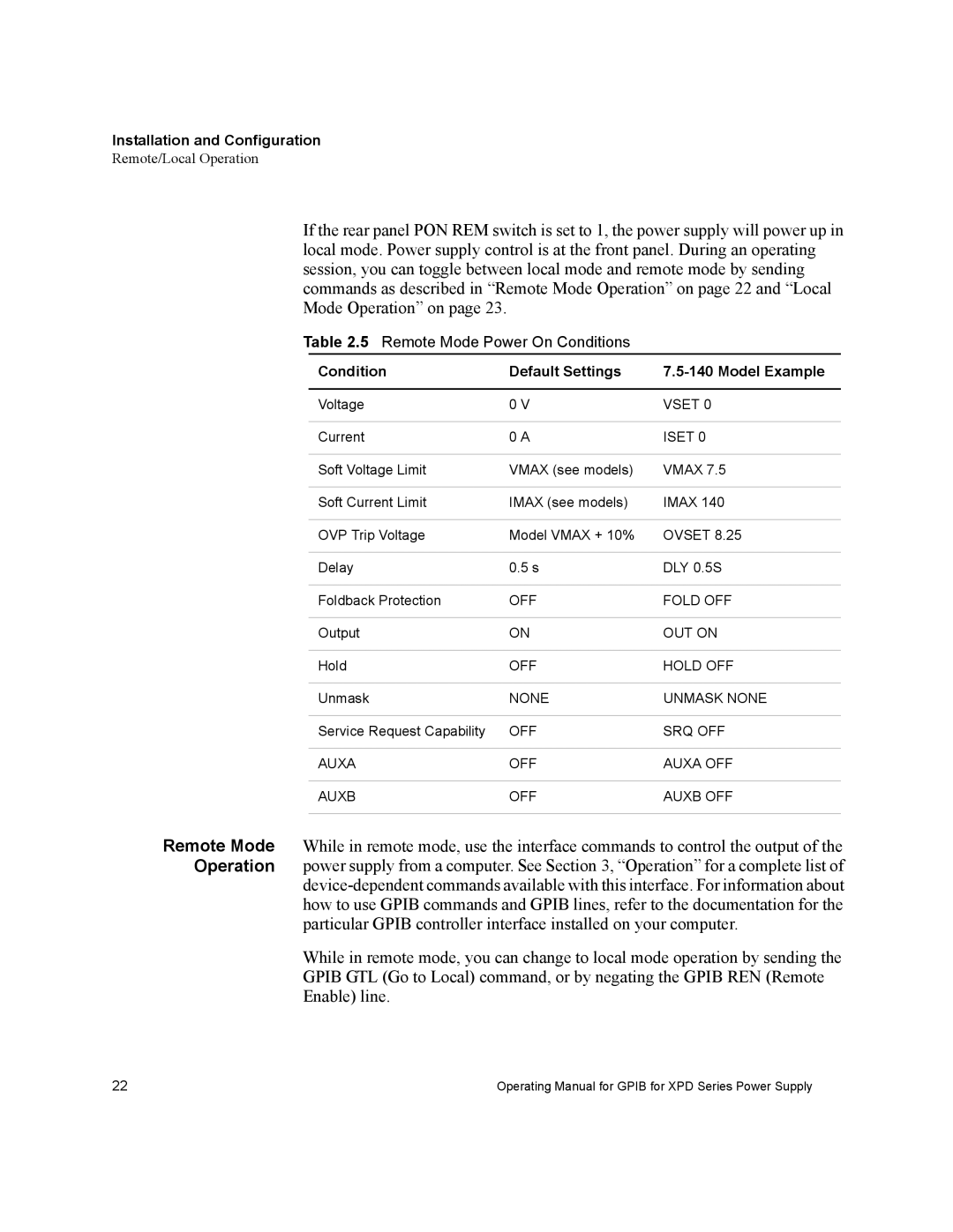 Xantrex Technology GPIB-XPD manual Condition Default Settings Model Example, Iset 