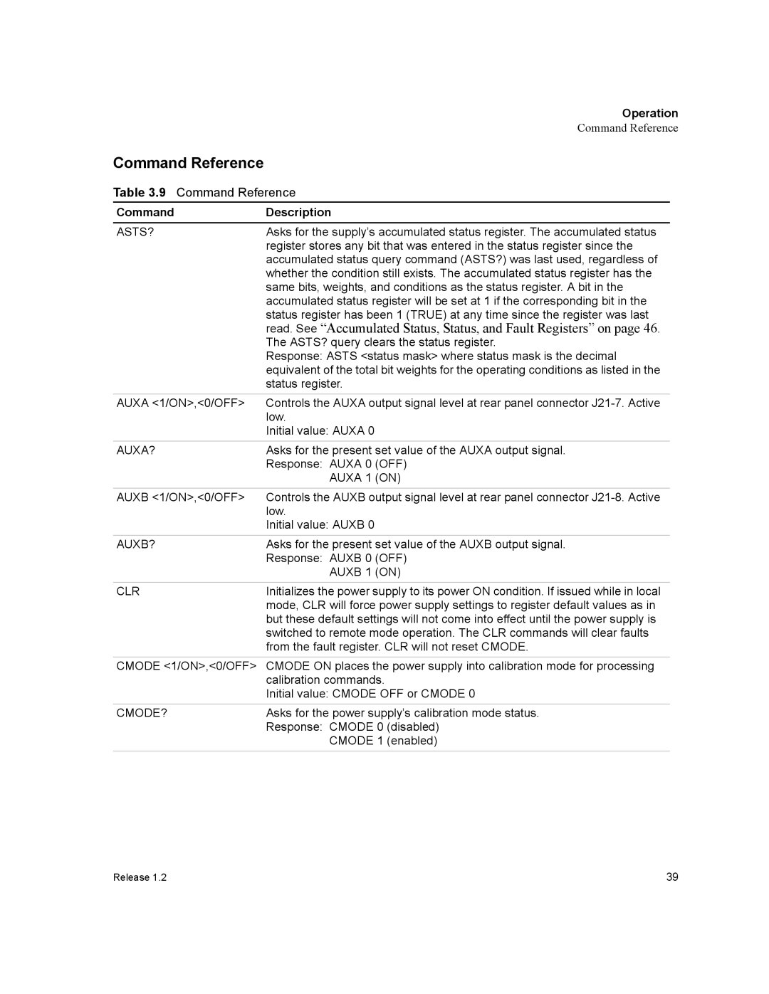 Xantrex Technology GPIB-XPD manual Command Reference, Command Description, Auxa 1 on, Auxb 1 on 