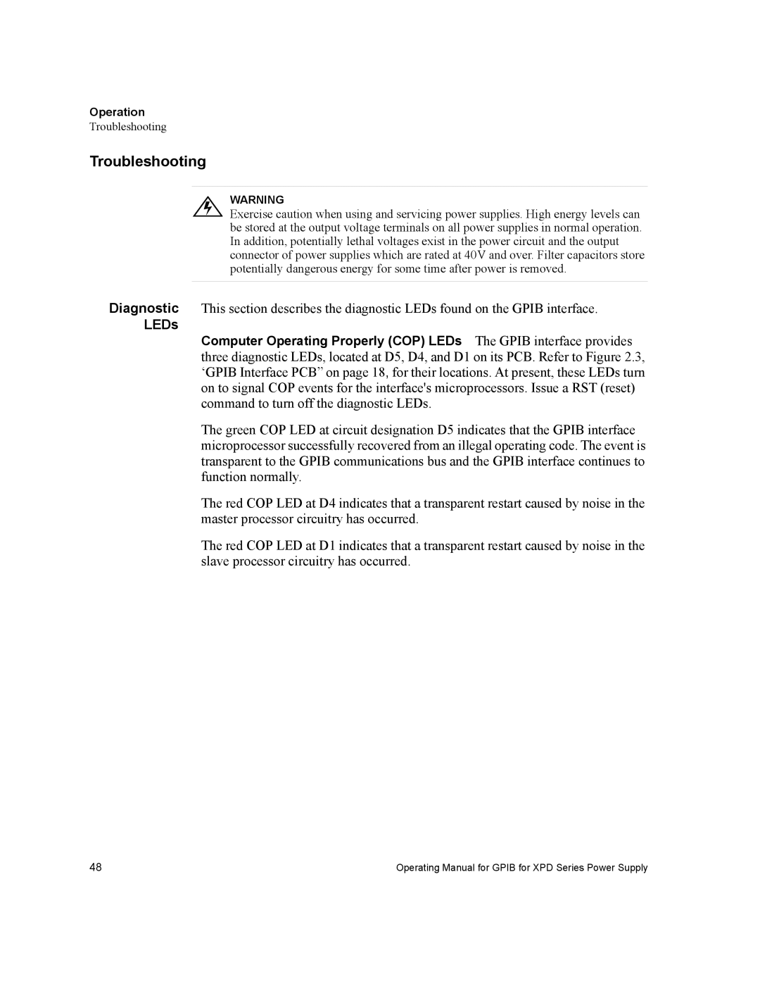 Xantrex Technology GPIB-XPD manual Troubleshooting, LEDs 