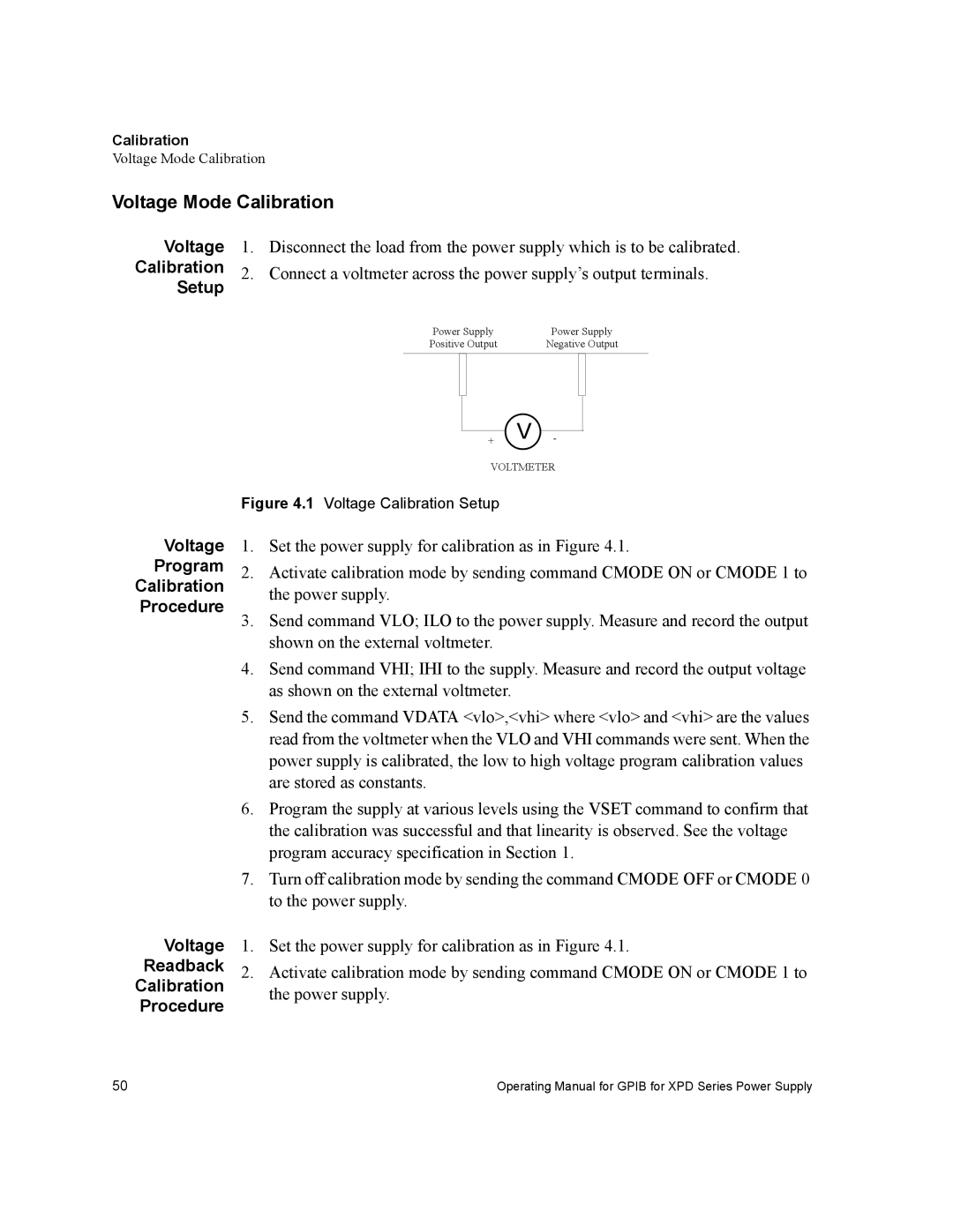 Xantrex Technology GPIB-XPD manual Voltage Mode Calibration, Setup, Voltage Program Calibration Procedure Readback 