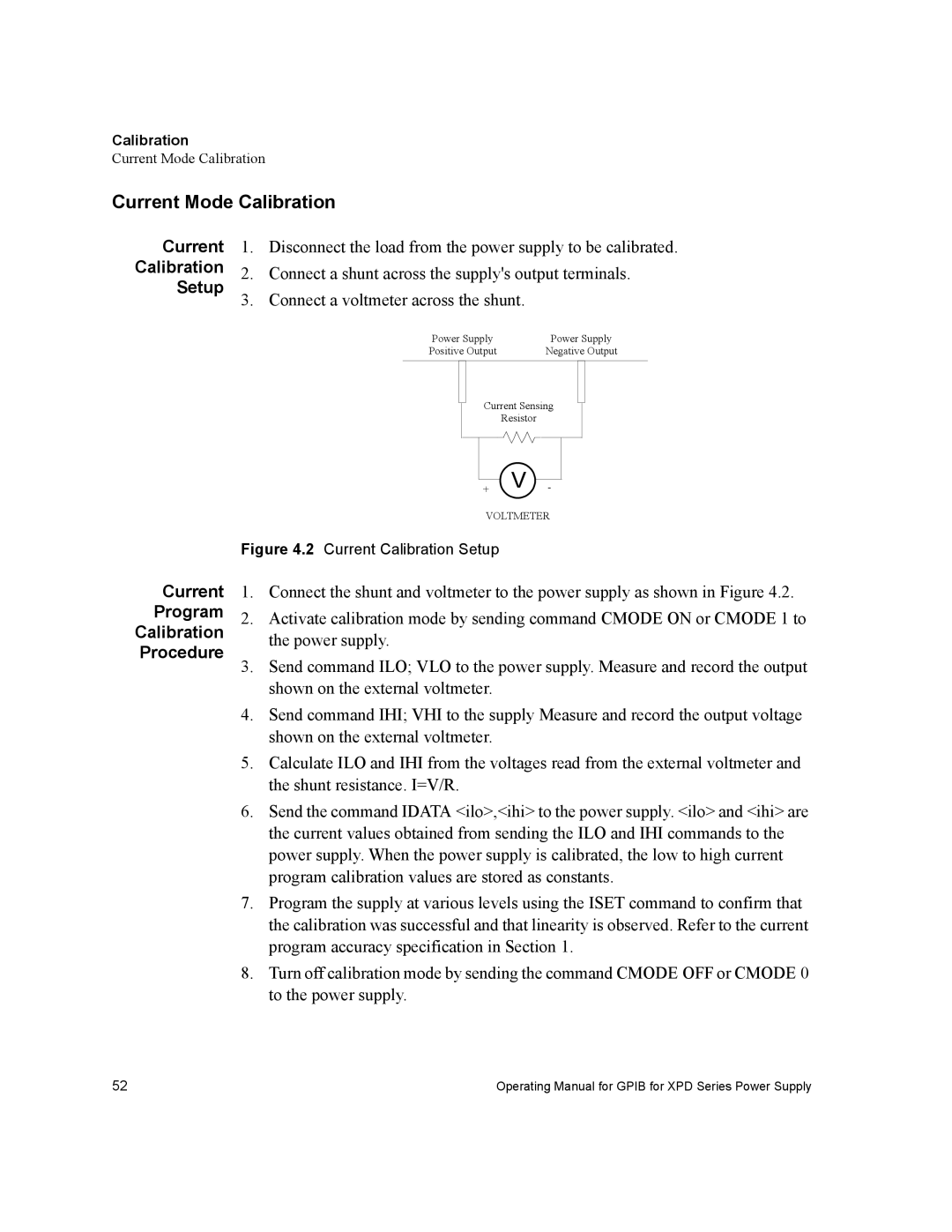 Xantrex Technology GPIB-XPD Current Mode Calibration, Current Calibration Setup, Current Program Calibration Procedure 