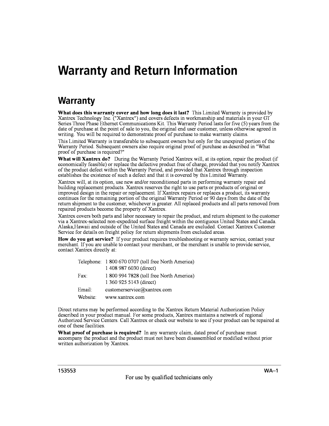 Xantrex Technology GT Series manual Warranty and Return Information 