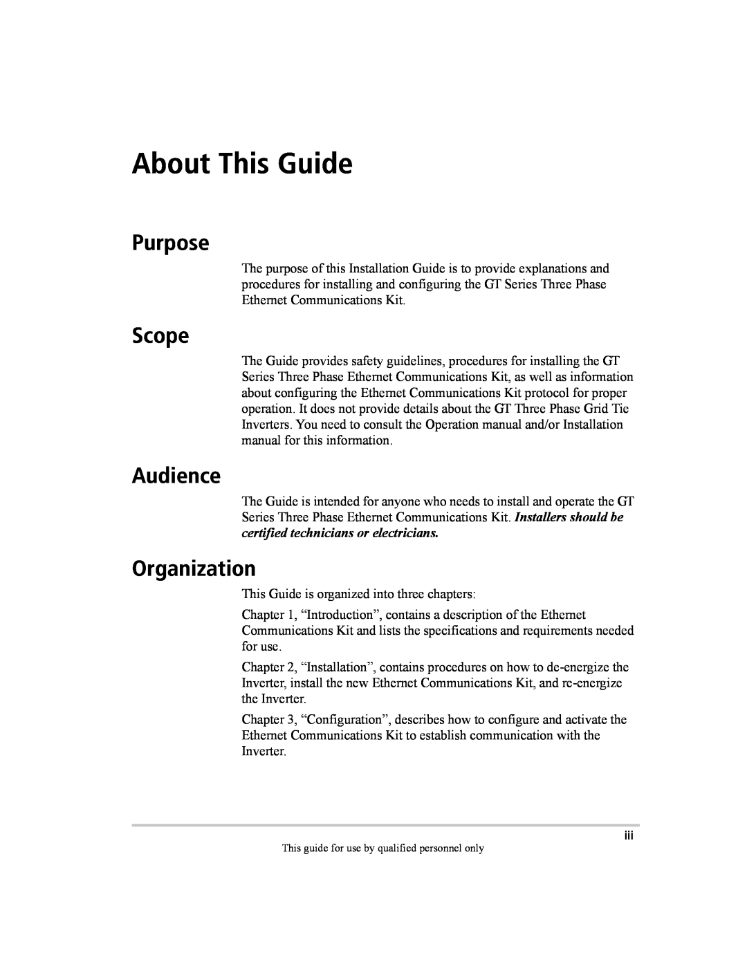 Xantrex Technology GT Series manual About This Guide, Purpose, Scope, Audience, Organization 