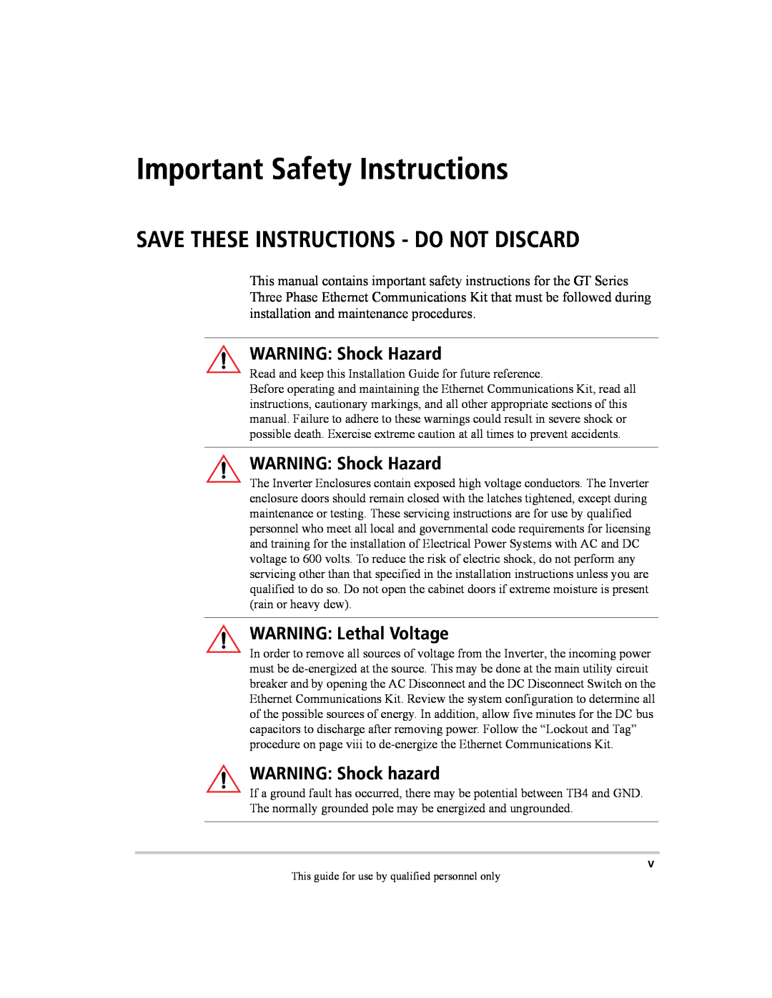 Xantrex Technology GT Series Important Safety Instructions, Save These Instructions - Do Not Discard, WARNING Shock Hazard 