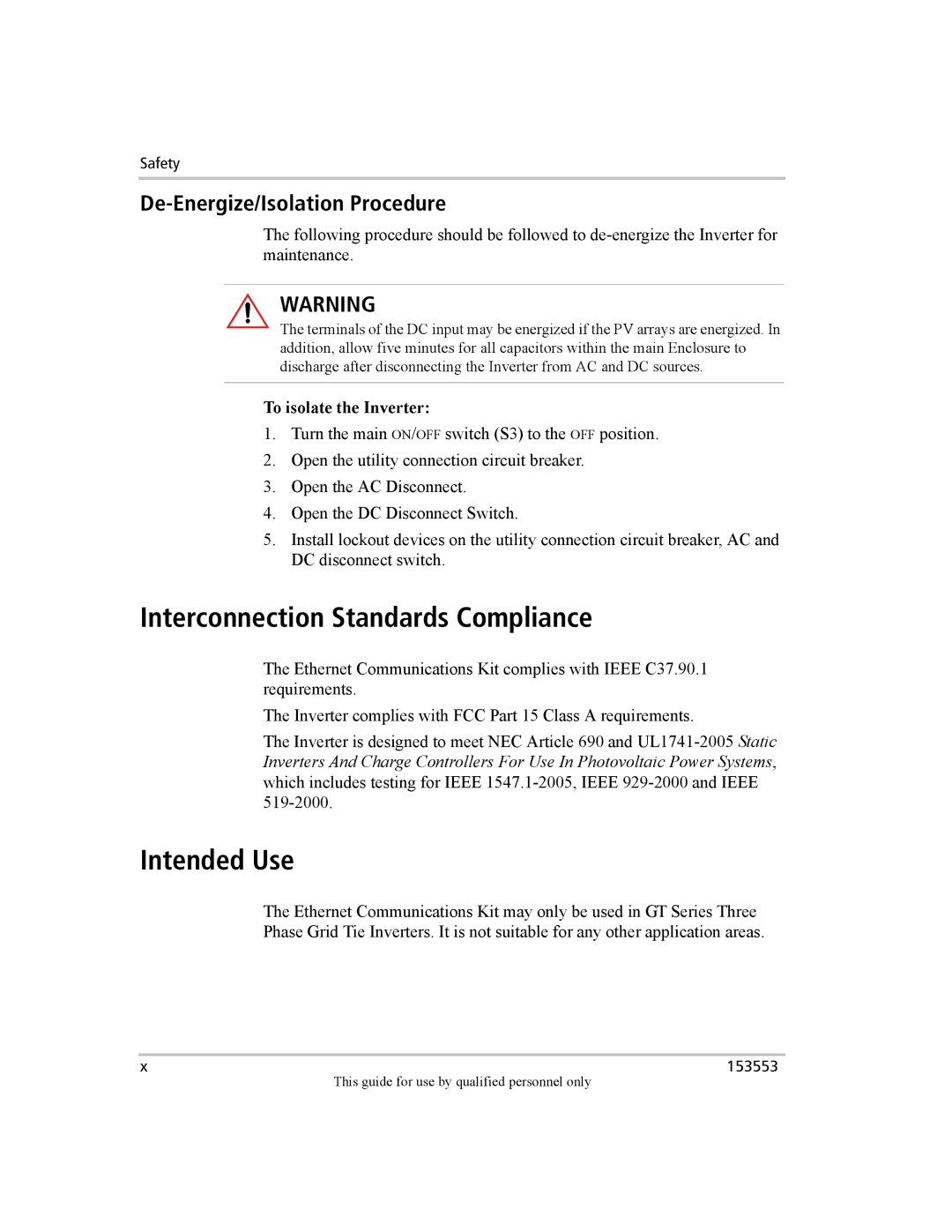 Xantrex Technology GT Series manual Interconnection Standards Compliance, Intended Use, De-Energize/Isolation Procedure 