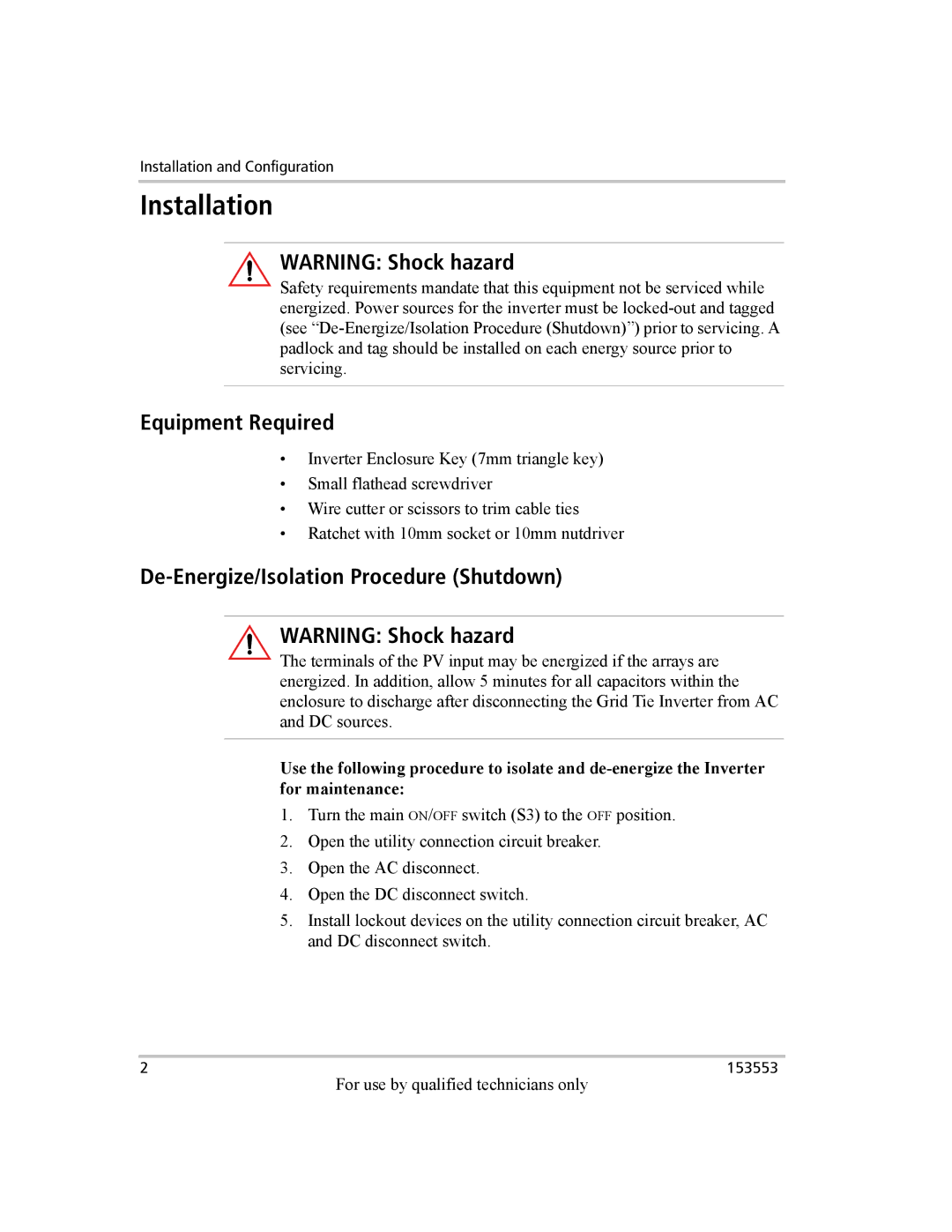Xantrex Technology GT Series manual Installation, Equipment Required, De-Energize/Isolation Procedure Shutdown 