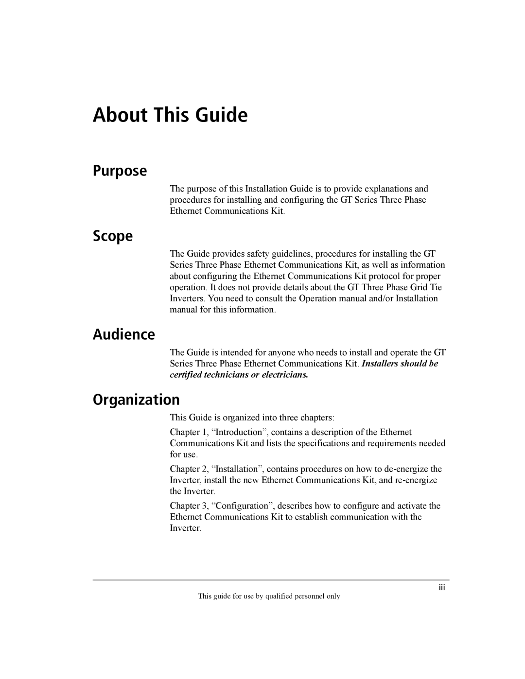 Xantrex Technology GT Series manual About This Guide, Purpose, Scope Audience, Organization 