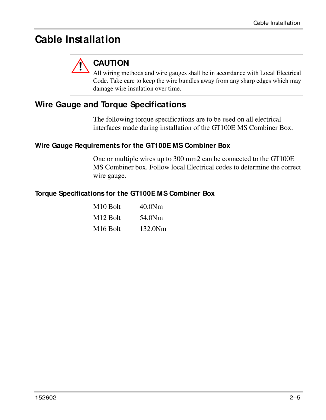 Xantrex Technology GT100E owner manual Cable Installation, Wire Gauge and Torque Specifications 