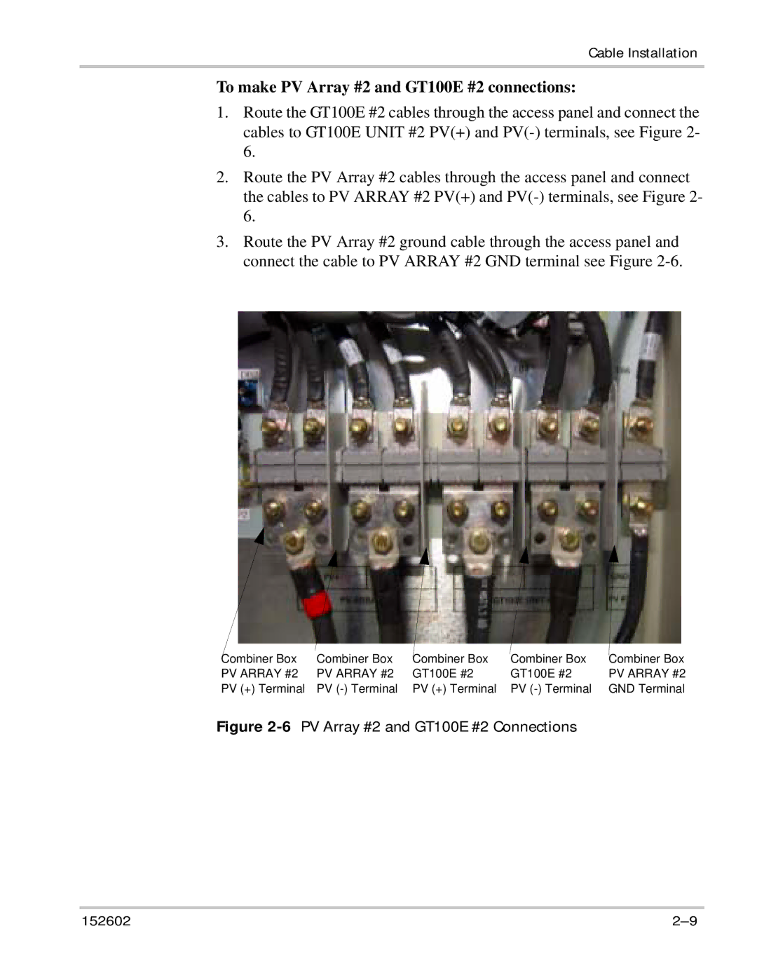 Xantrex Technology owner manual To make PV Array #2 and GT100E #2 connections, 6PV Array #2 and GT100E #2 Connections 