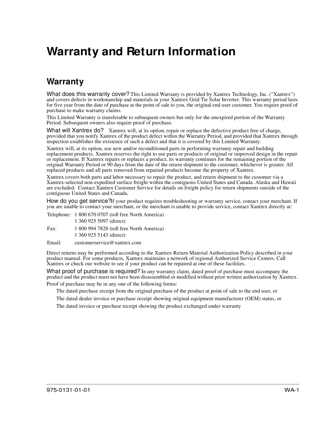 Xantrex Technology GT3.0 owner manual Warranty and Return Information 