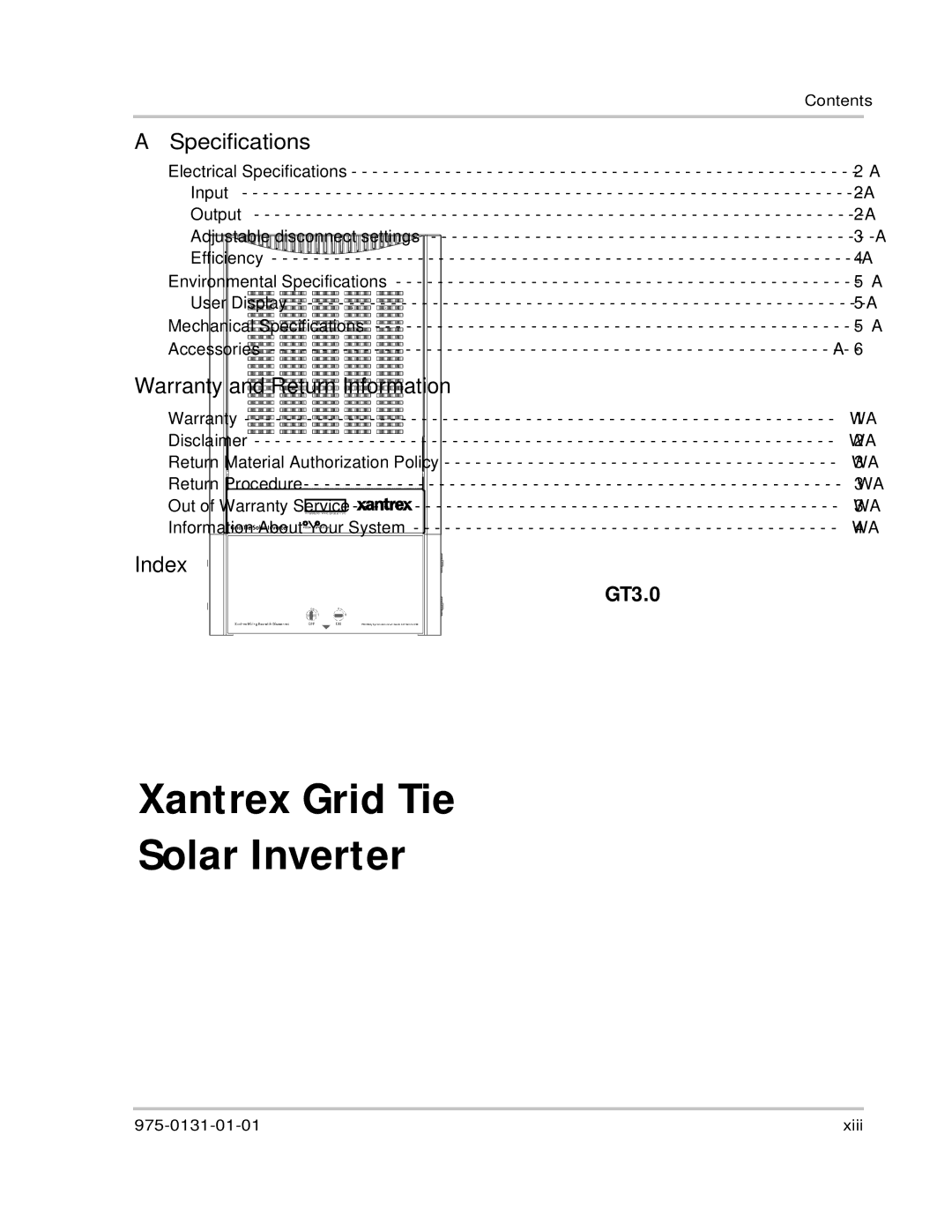 Xantrex Technology GT3.0 owner manual Specifications, Warranty and Return Information, Index 