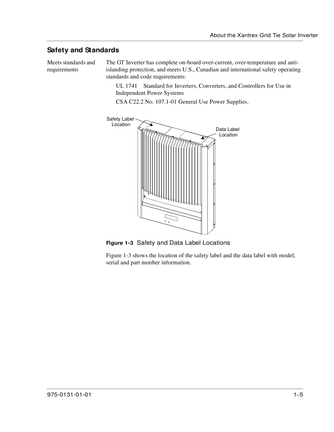 Xantrex Technology GT3.0 owner manual Safety and Standards, 3Safety and Data Label Locations 