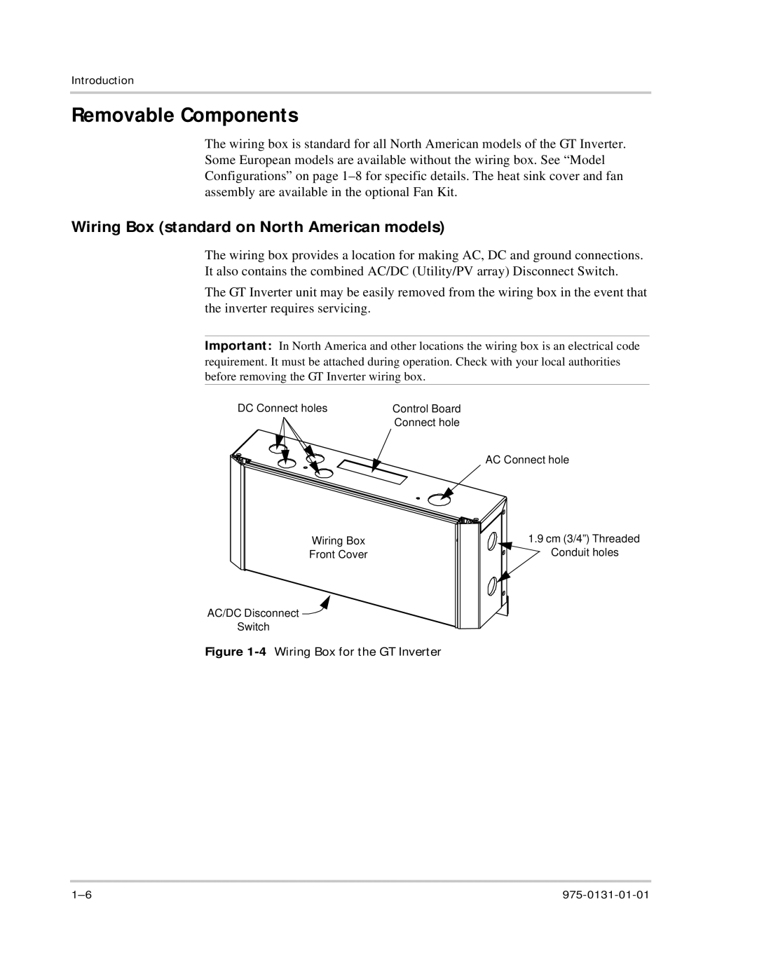 Xantrex Technology GT3.0 owner manual Removable Components, Wiring Box standard on North American models 