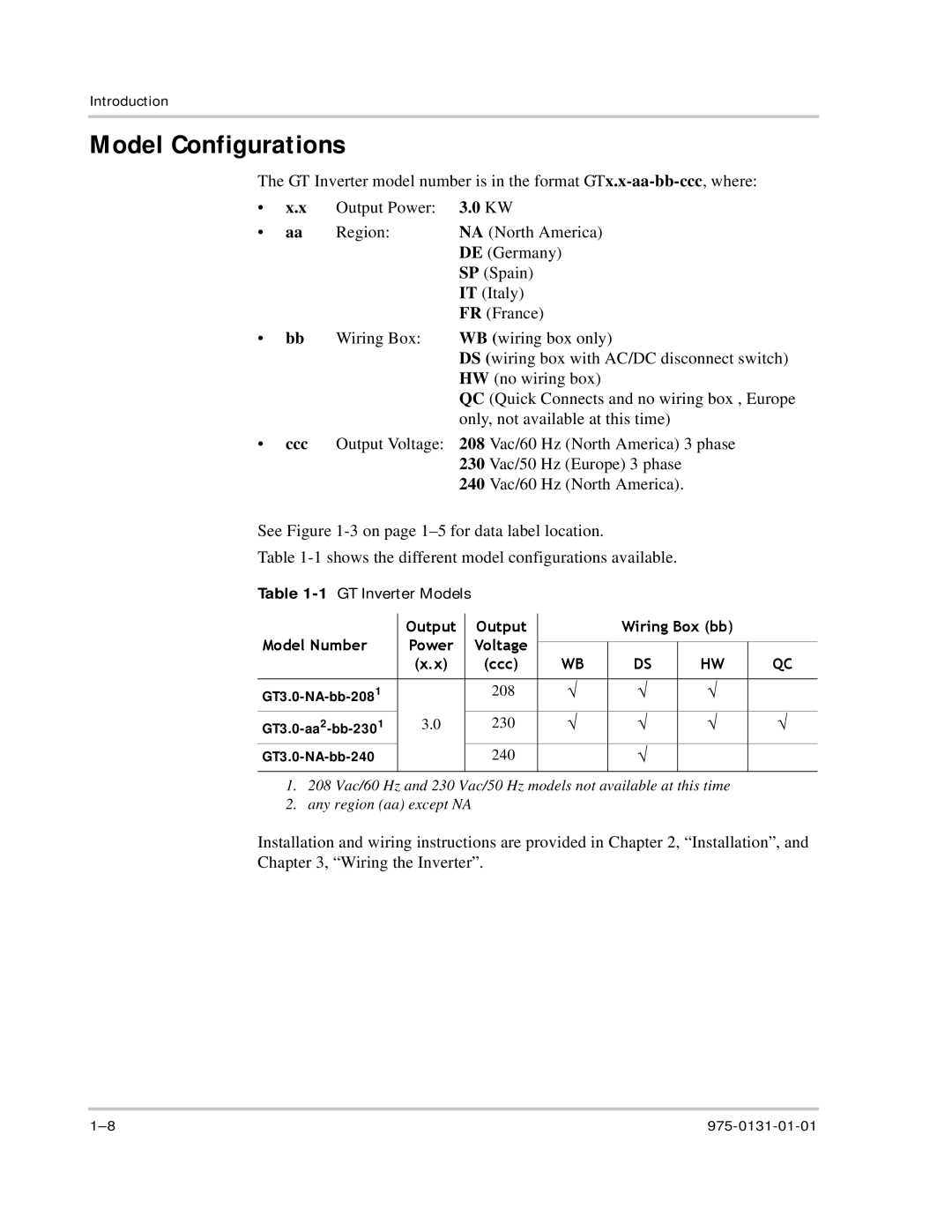 Xantrex Technology owner manual Model Configurations, 1GT Inverter Models, GT3.0-aa 2-bb-230 